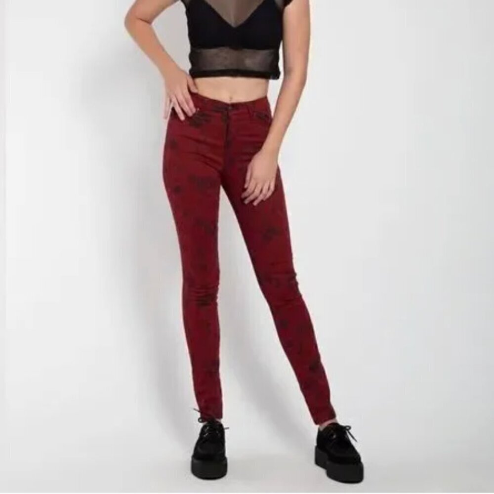 Tripp Nyc Dan Goodman Jeans High Waist Skinny Floral Print Black Red Size 27 / 5